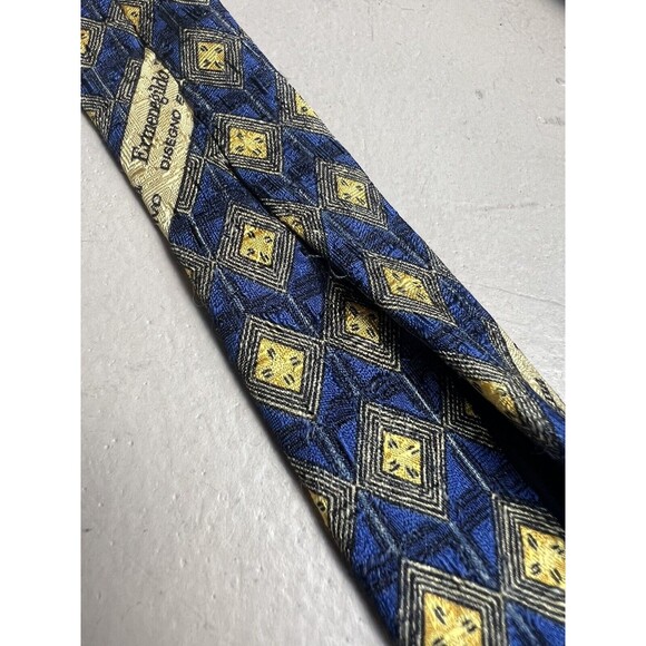 Ermenegildo Zegna Navy Blue 100% Silk w/ Yellow Gold Diamond Geometric Neck Tie - Picture 7 of 11